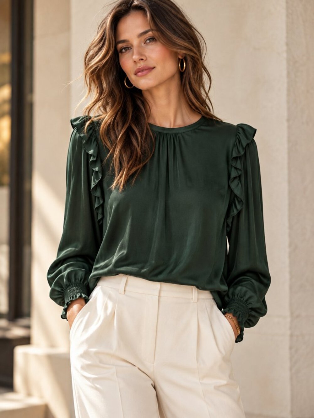 SCOTCH & SODA Forest Green Satin Blouse Ruffle Shoulder Old Money Romantic Fall